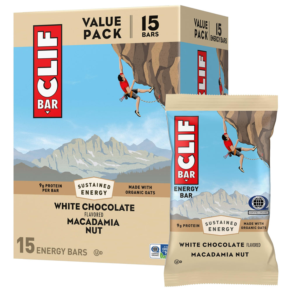 CLIF Bar caja de 15 barras White Chocolate Macadamia Nut mostrando el envase
