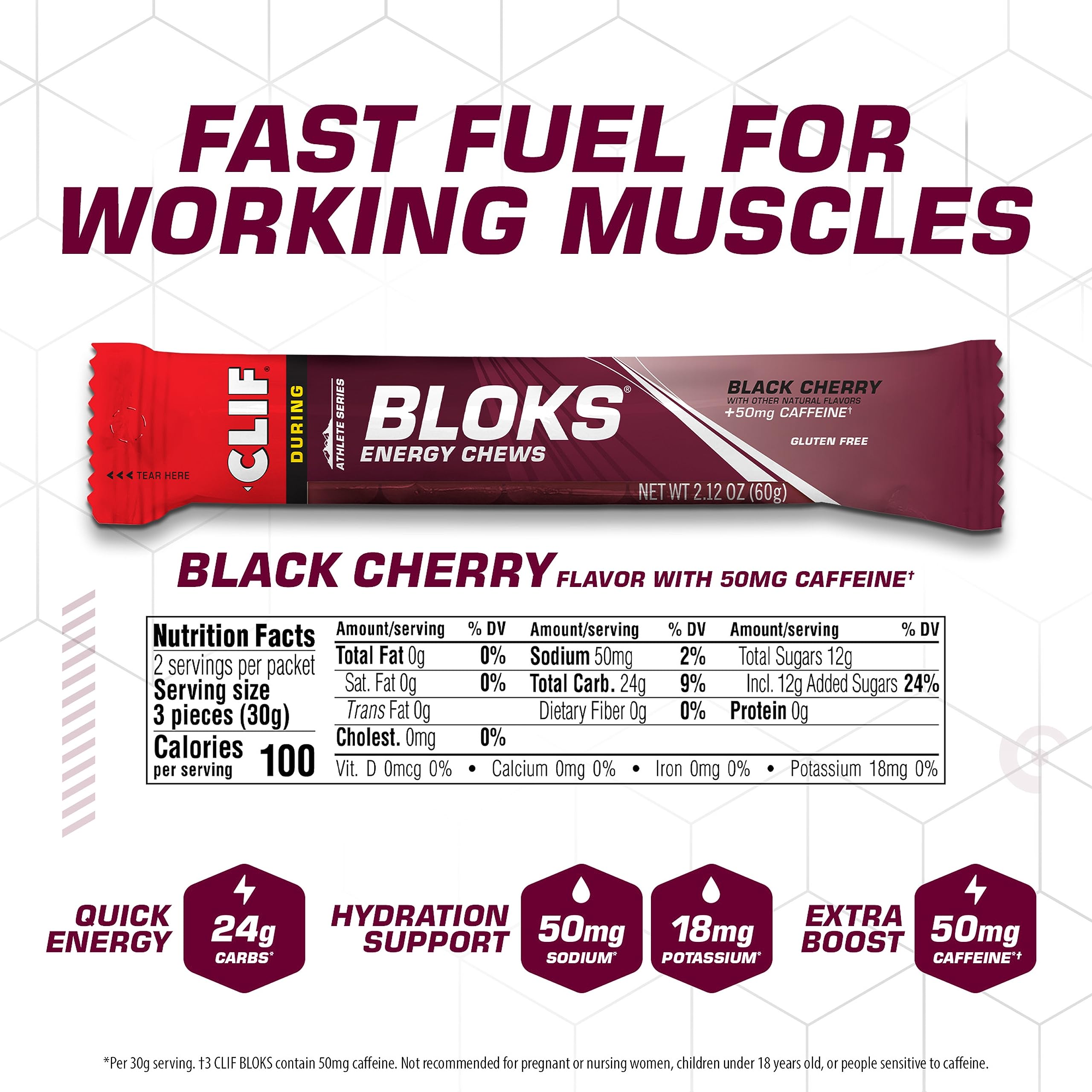Clif Bloks etiqueta nutricional mostrando carbohidratos y cafeína