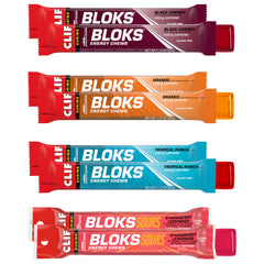 Clif Bloks frente del empaque mostrando variedad y facilidad de transporte
