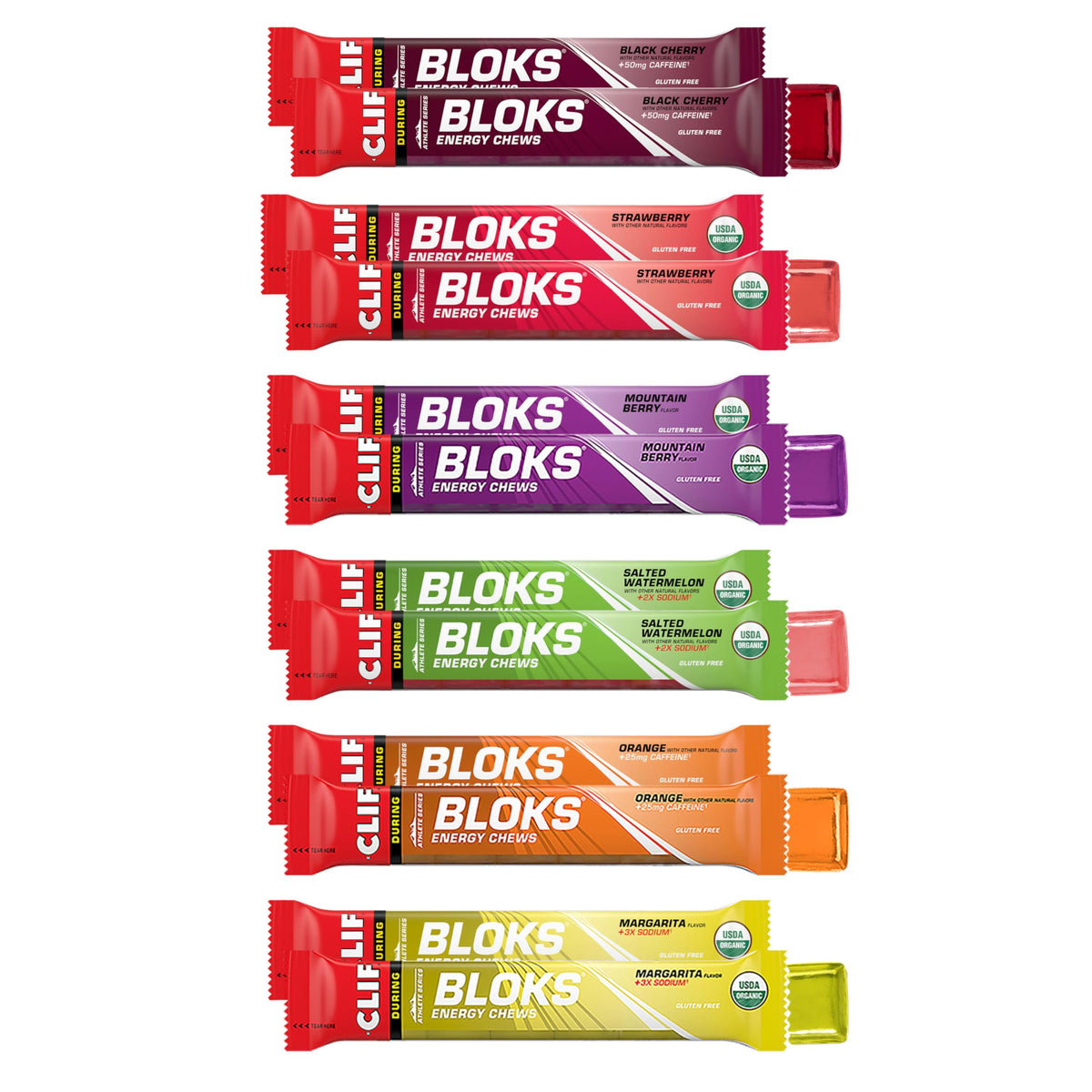 Clif Bloks empaque frontal mostrando variedad y portabilidad