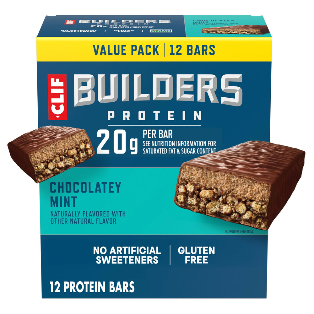 CLIF BUILDER'S embalaje frontal mostrando el pack de 12 y conveniencia