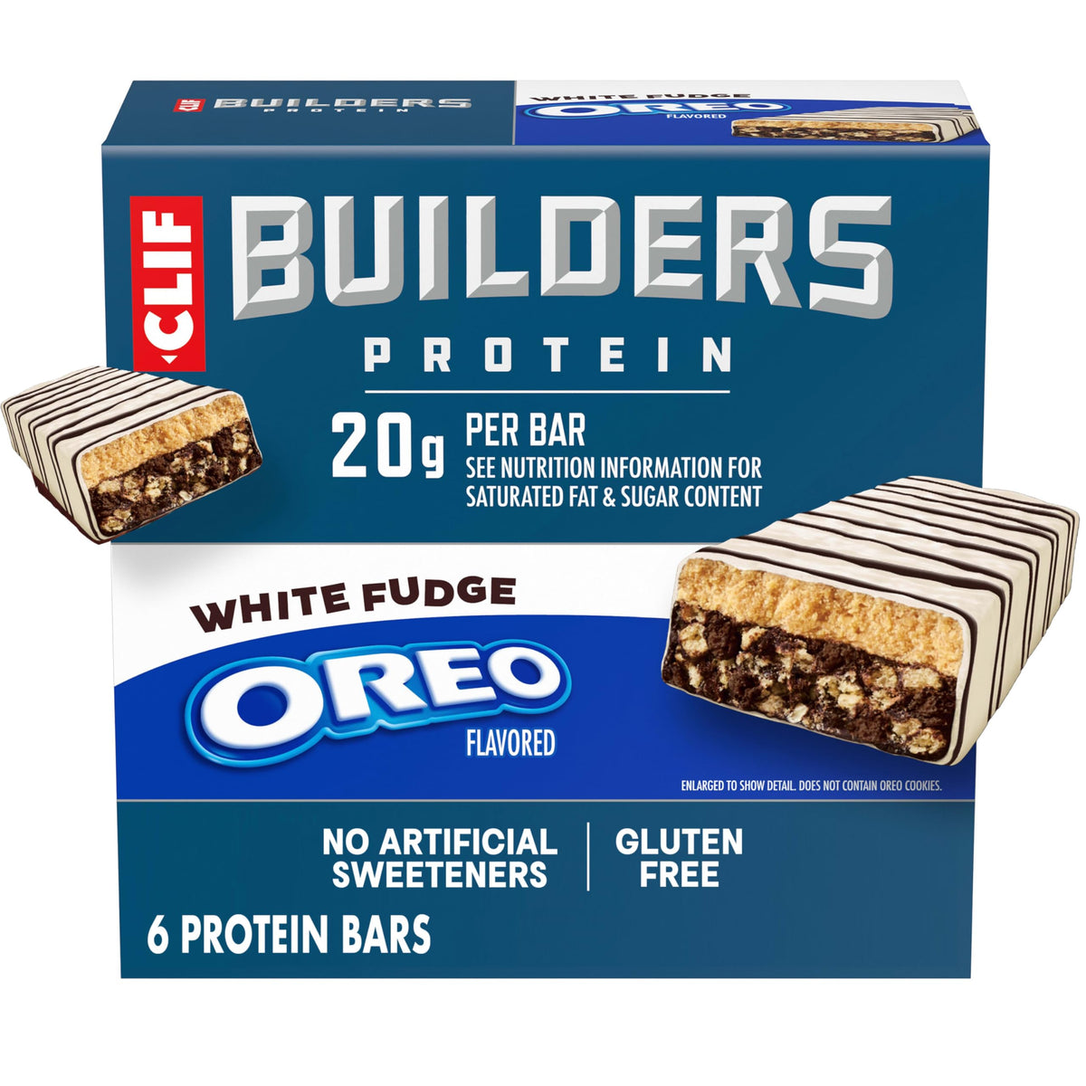 CLIF BUILDERS frente del empaque mostrando seis barras y beneficios proteicos