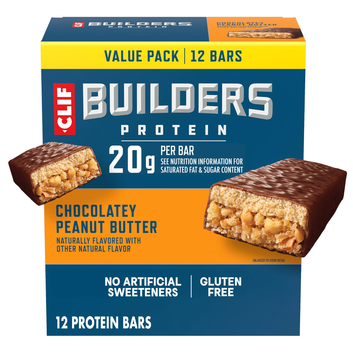 CLIF BUILDERS frente del empaque mostrando caja de 12 barras, útil para saber cantidad