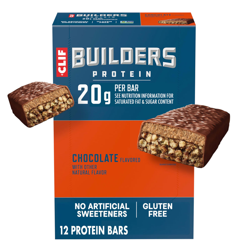CLIF BUILDERS empaque frontal sabor chocolate mostrando información clave y conveniencia