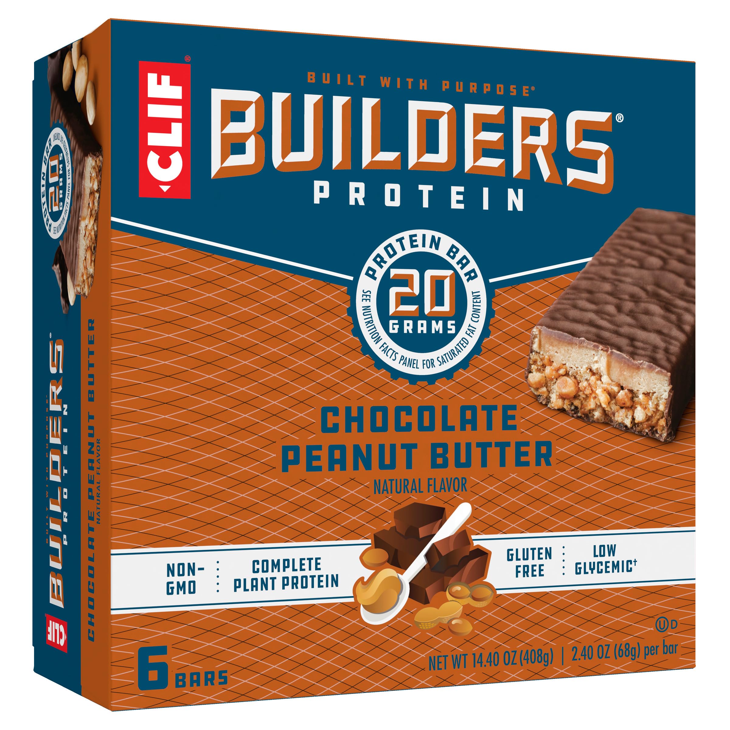 CLIF Bar empaque frontal mostrando sabor chocolate y mantequilla de maní, práctico para llevar