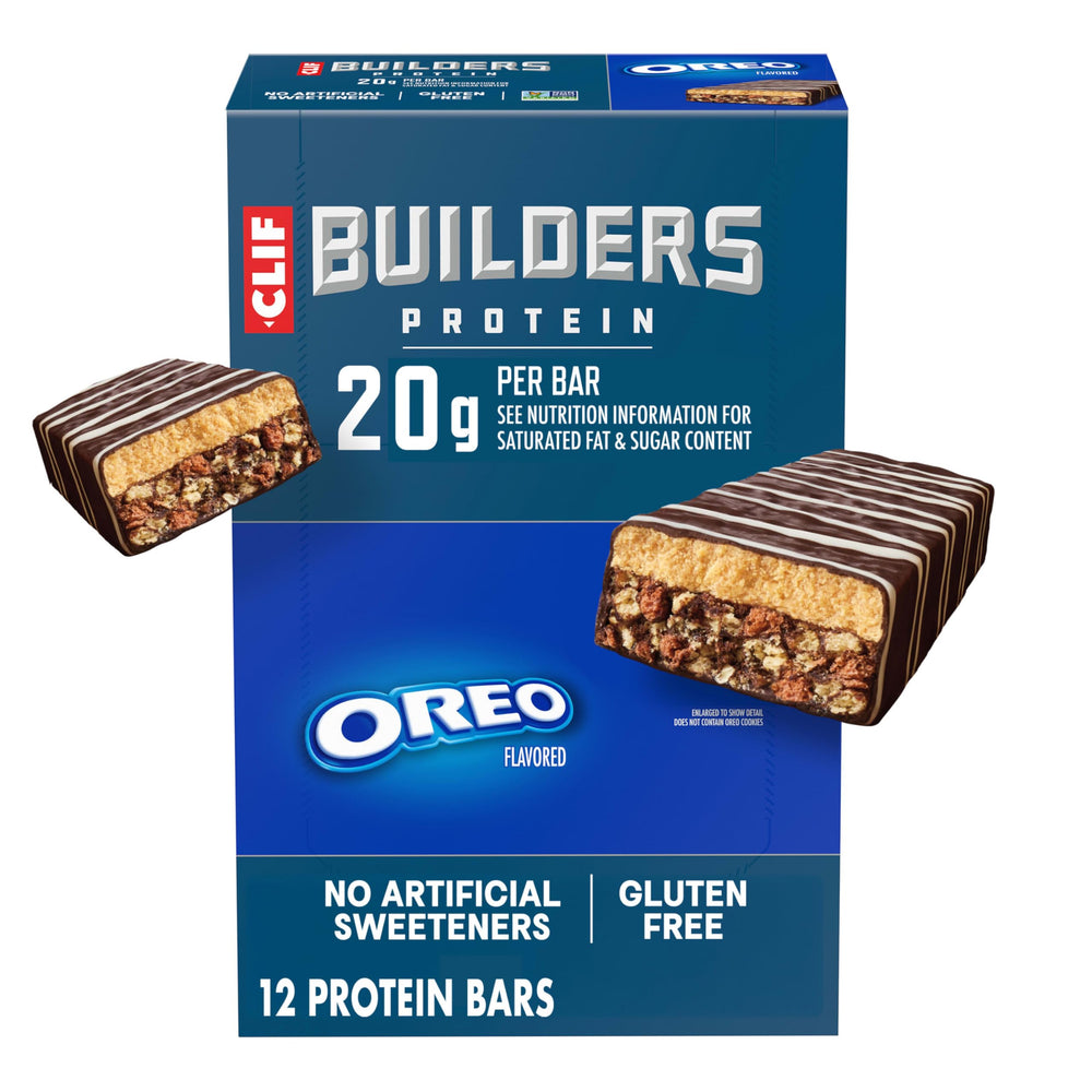 CLIF BUILDER'S empaque frontal mostrando sabor OREO y 20 g de proteína