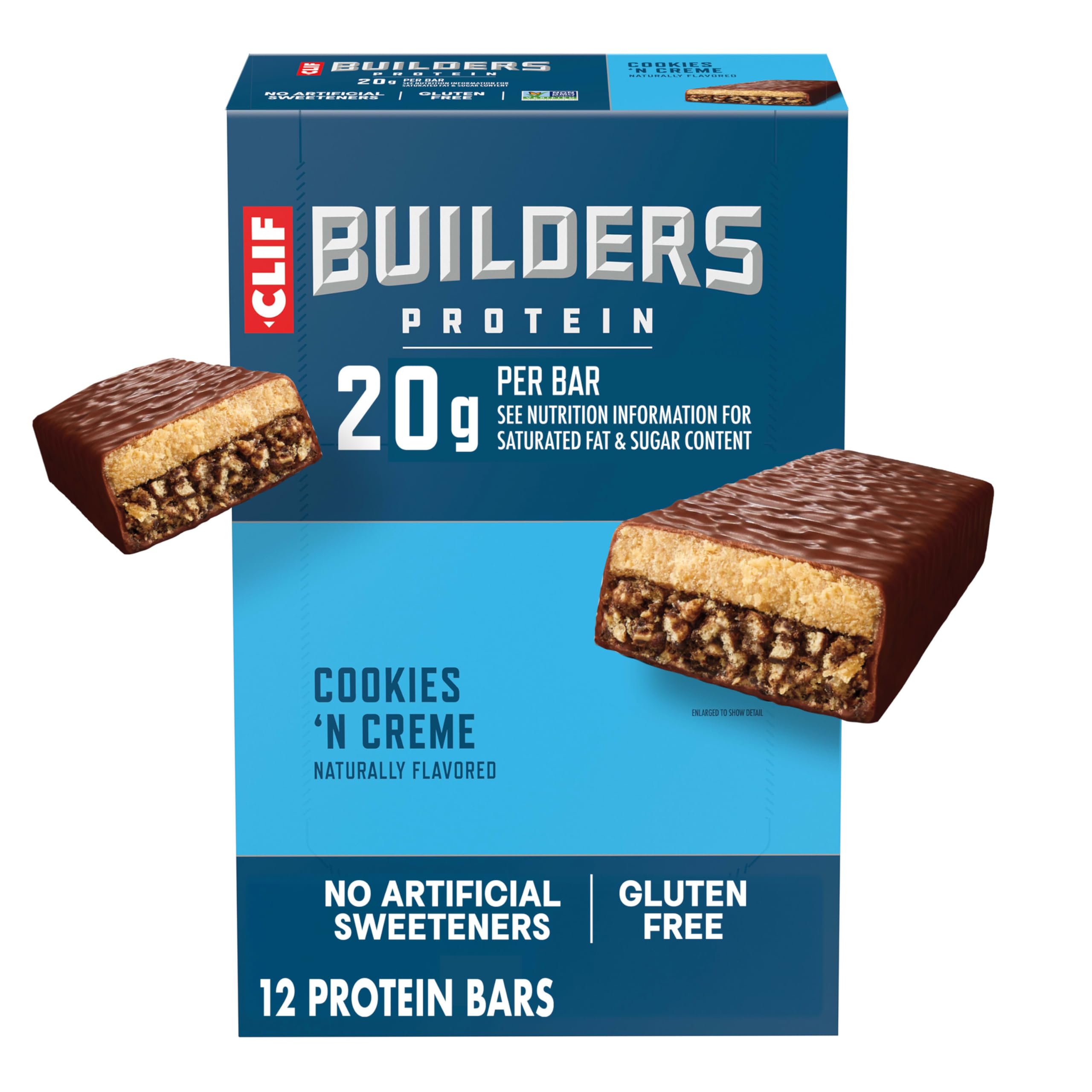 CLIF BUILDERS paquete frontal que muestra sabor Cookies 'n Cream y beneficio de proteína