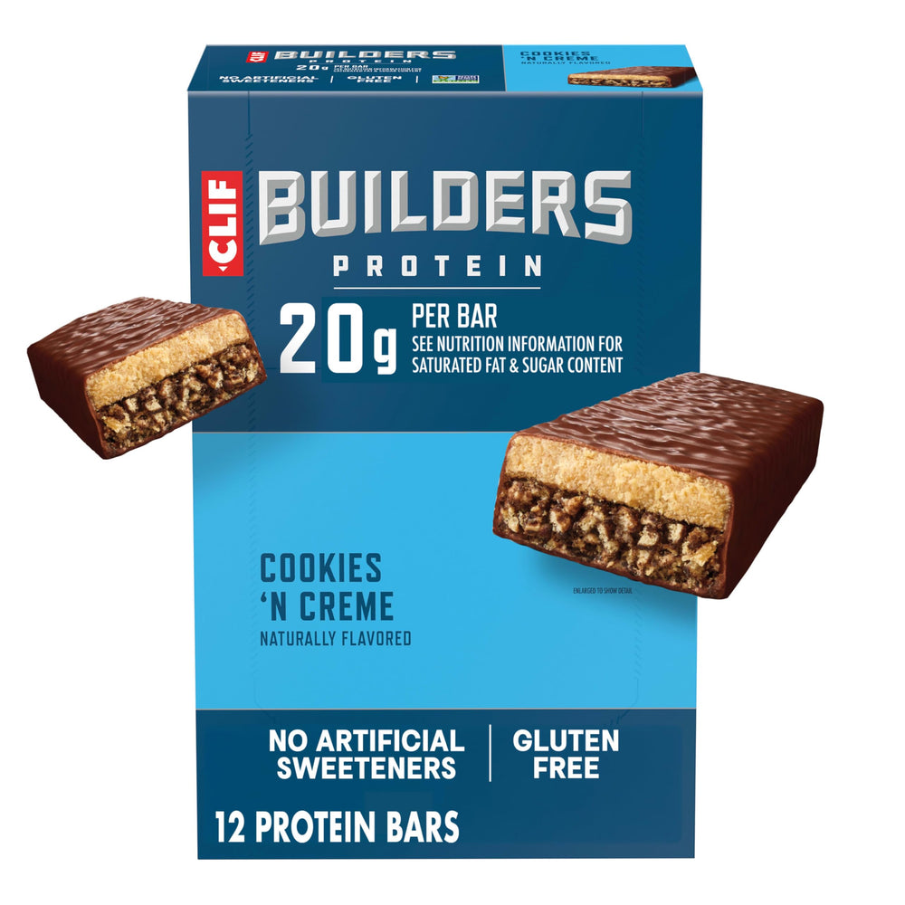 CLIF BUILDERS paquete frontal que muestra sabor Cookies 'n Cream y beneficio de proteína