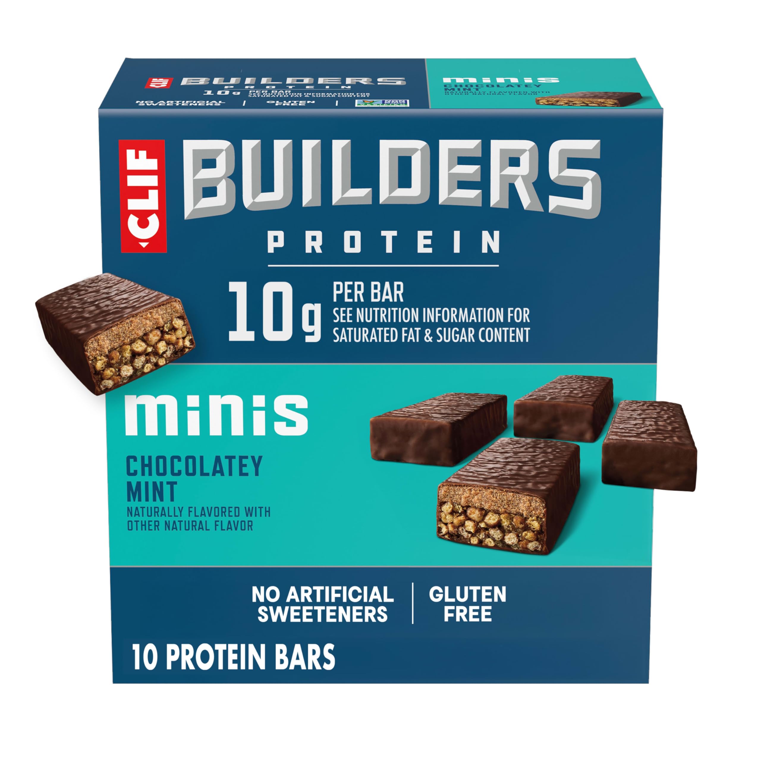 Clif Builders frontal del empaque mostrando 10 barritas y beneficio práctico