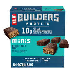 Clif Builders frontal del empaque mostrando 10 barritas y beneficio práctico