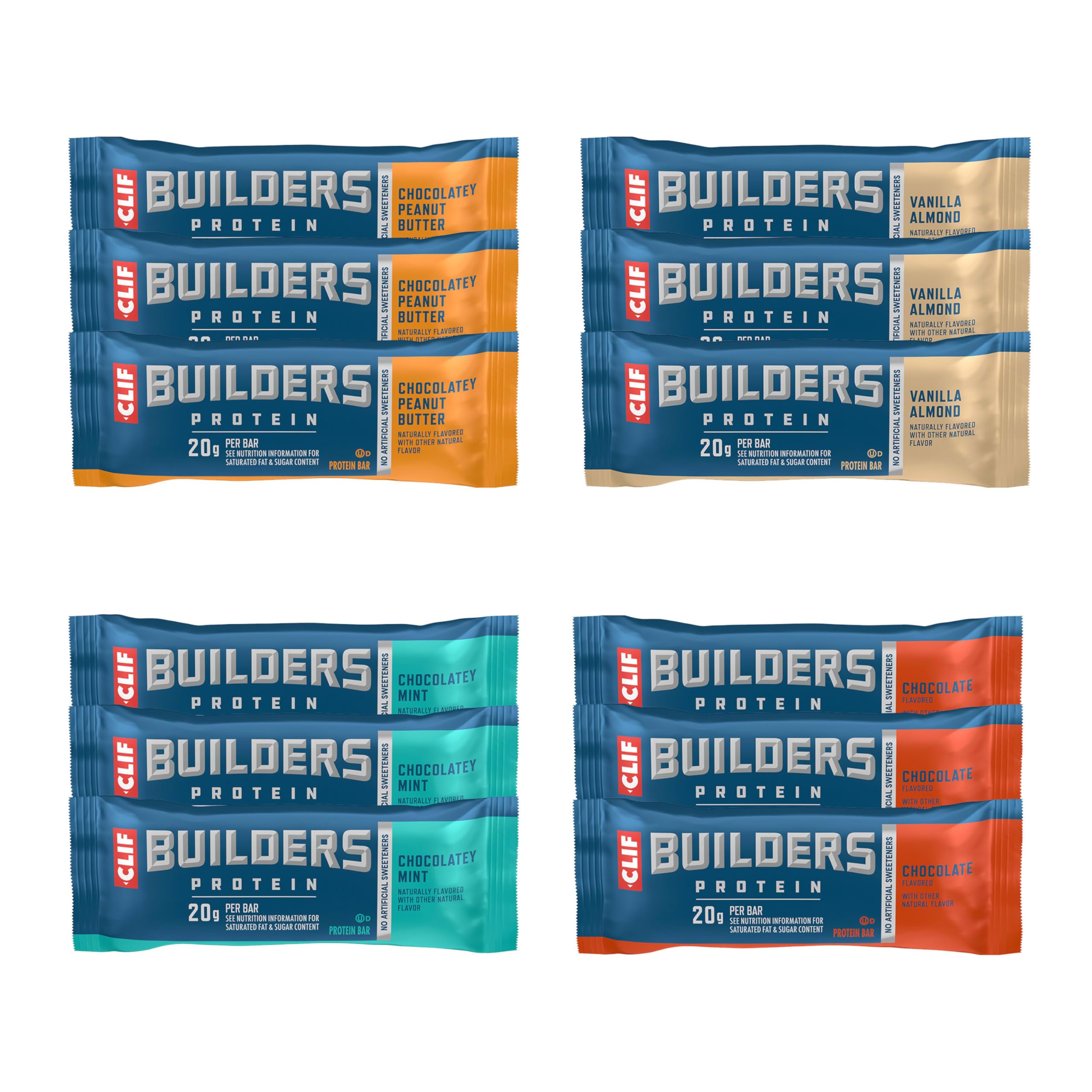 CLIF BUILDERS pack frontal con cuatro sabores y diseño atractivo