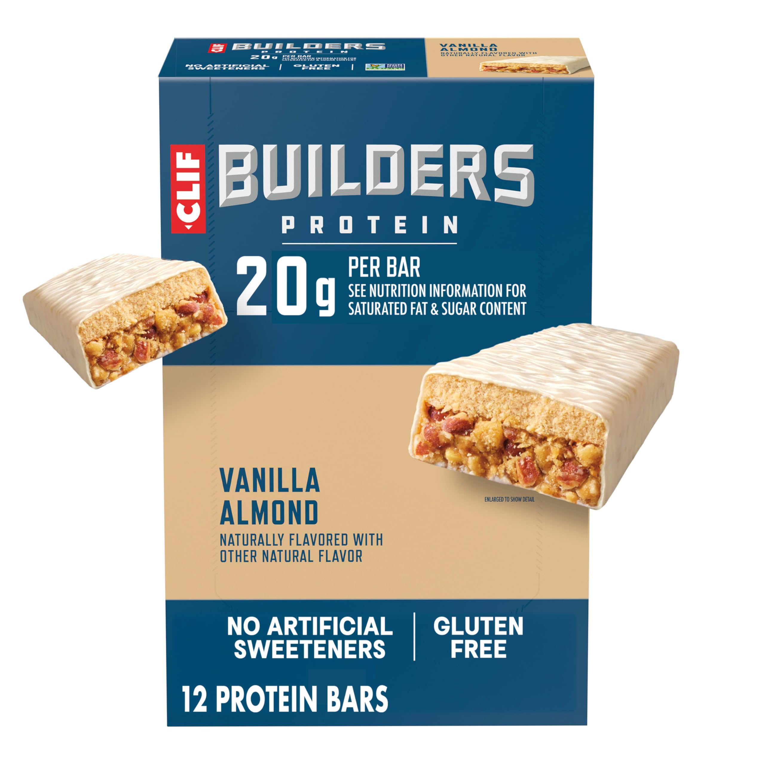 CLIF BUILDERS presentación frontal mostrando paquete de 12 unidades y beneficio práctico