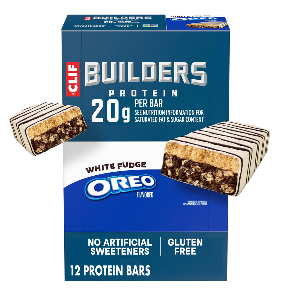 CLIF BUILDERS presentación frontal con 12 barras y beneficio de proteína
