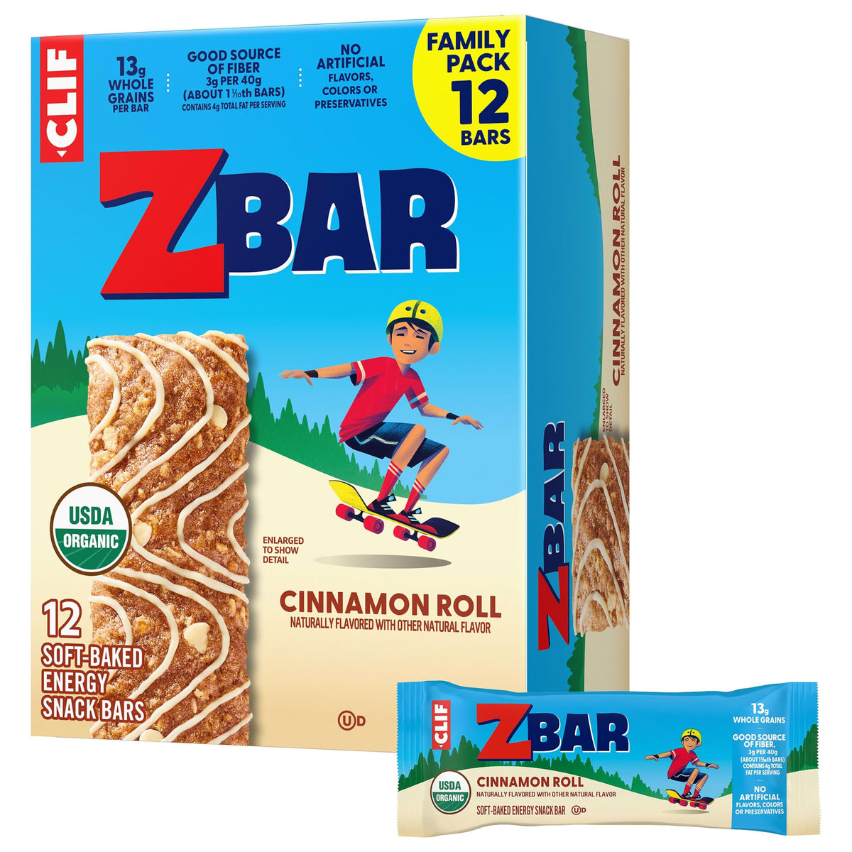 Clif Kid ZBar frente del paquete mostrando sabor y cantidad 12