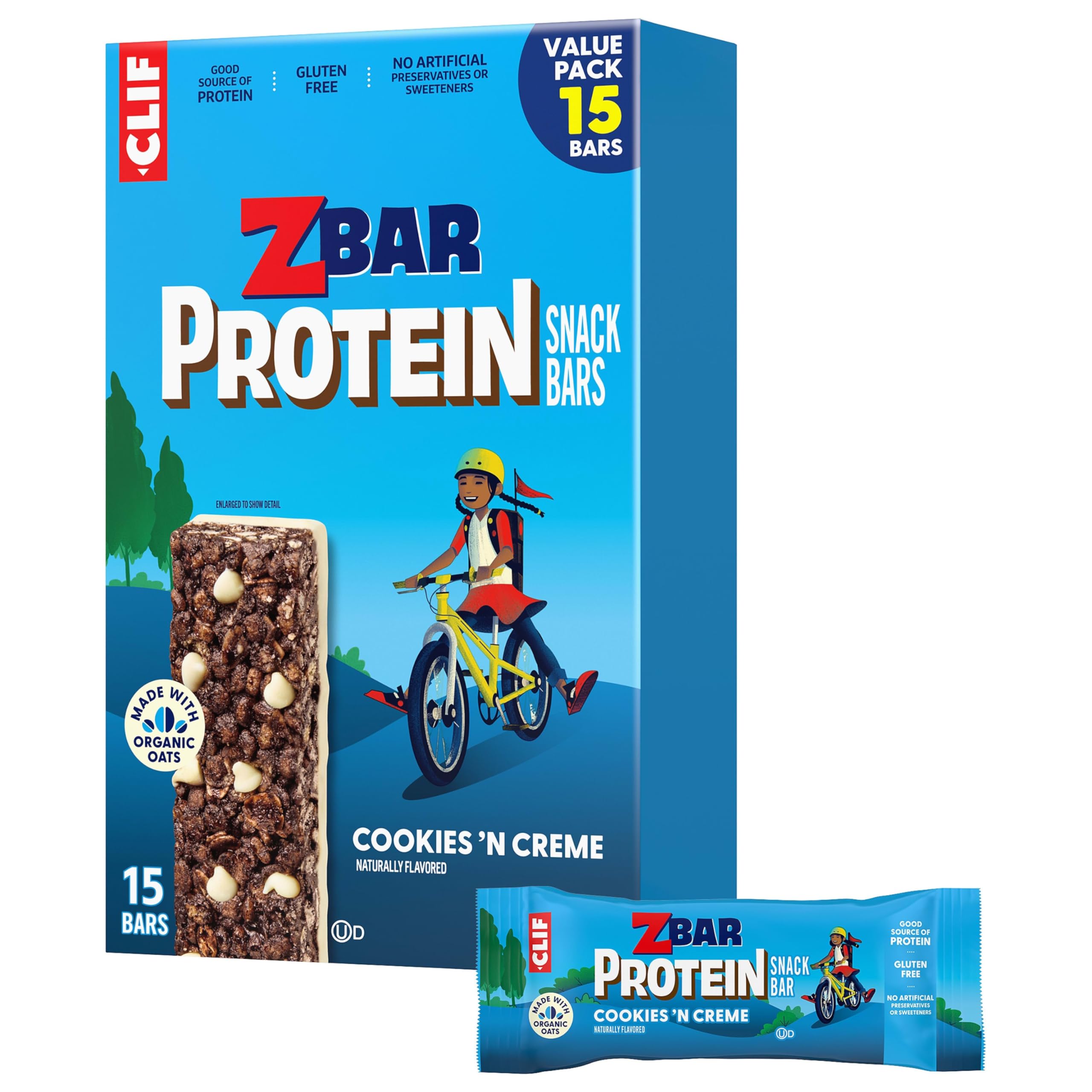Clif Kid ZBar paquete frontal mostrando 15 barras y conveniencia
