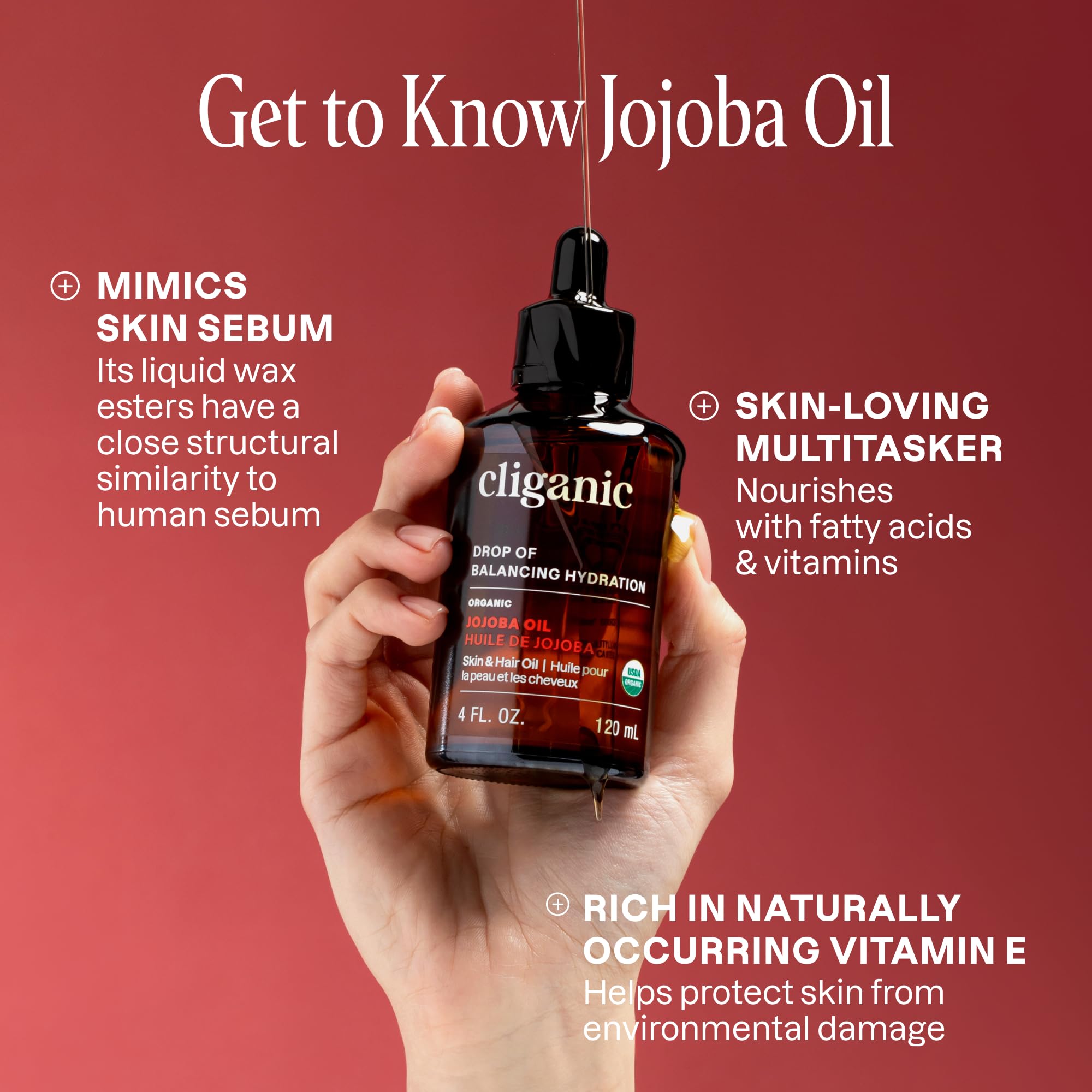 Aplicación en rostro con gotas de Cliganic jojoba para hidratación suave y equilibrio