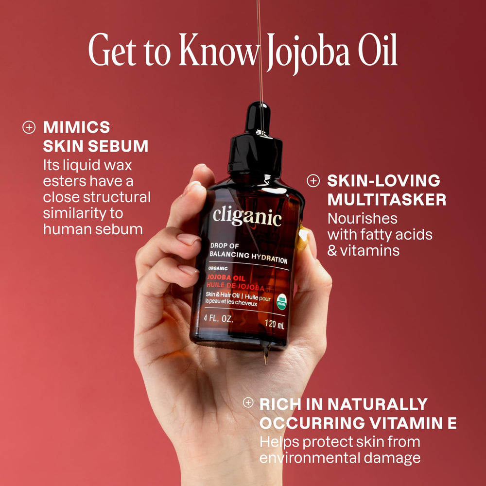 Aplicación en rostro con gotas de Cliganic jojoba para hidratación suave y equilibrio