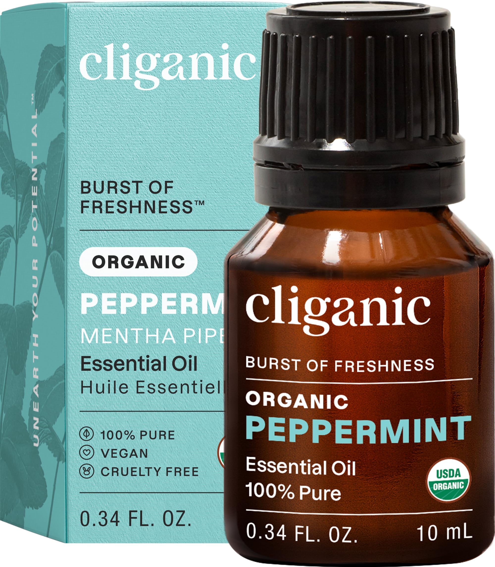 Cliganic aceite de menta frente del empaque muestra calidad orgánica