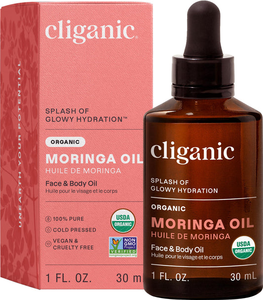 Cliganic aceite de moringa vista frontal y envase, hidratación certificada