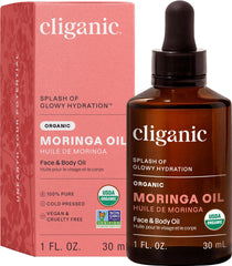 Cliganic aceite de moringa vista frontal y envase, hidratación certificada