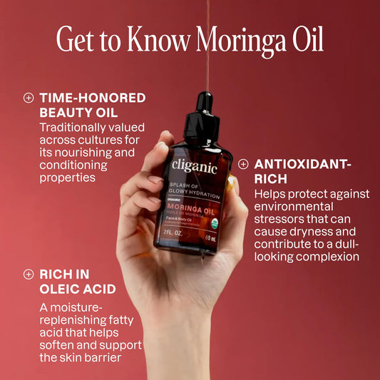 Cliganic aceite de moringa texturas doradas, brillo y nutrición visible