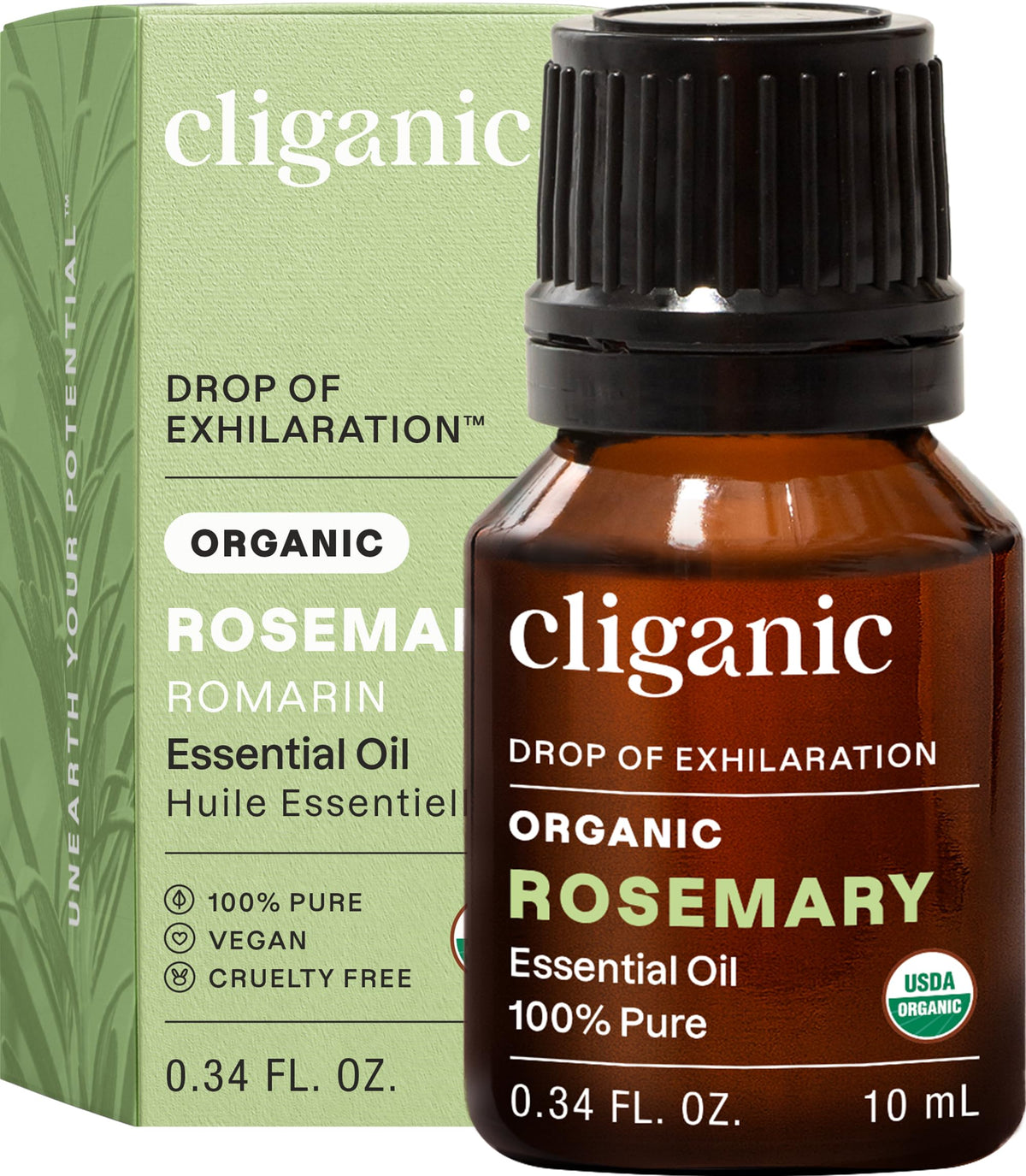 Cliganic frasco delantero con aceite de romero, aspecto orgánico y confianza