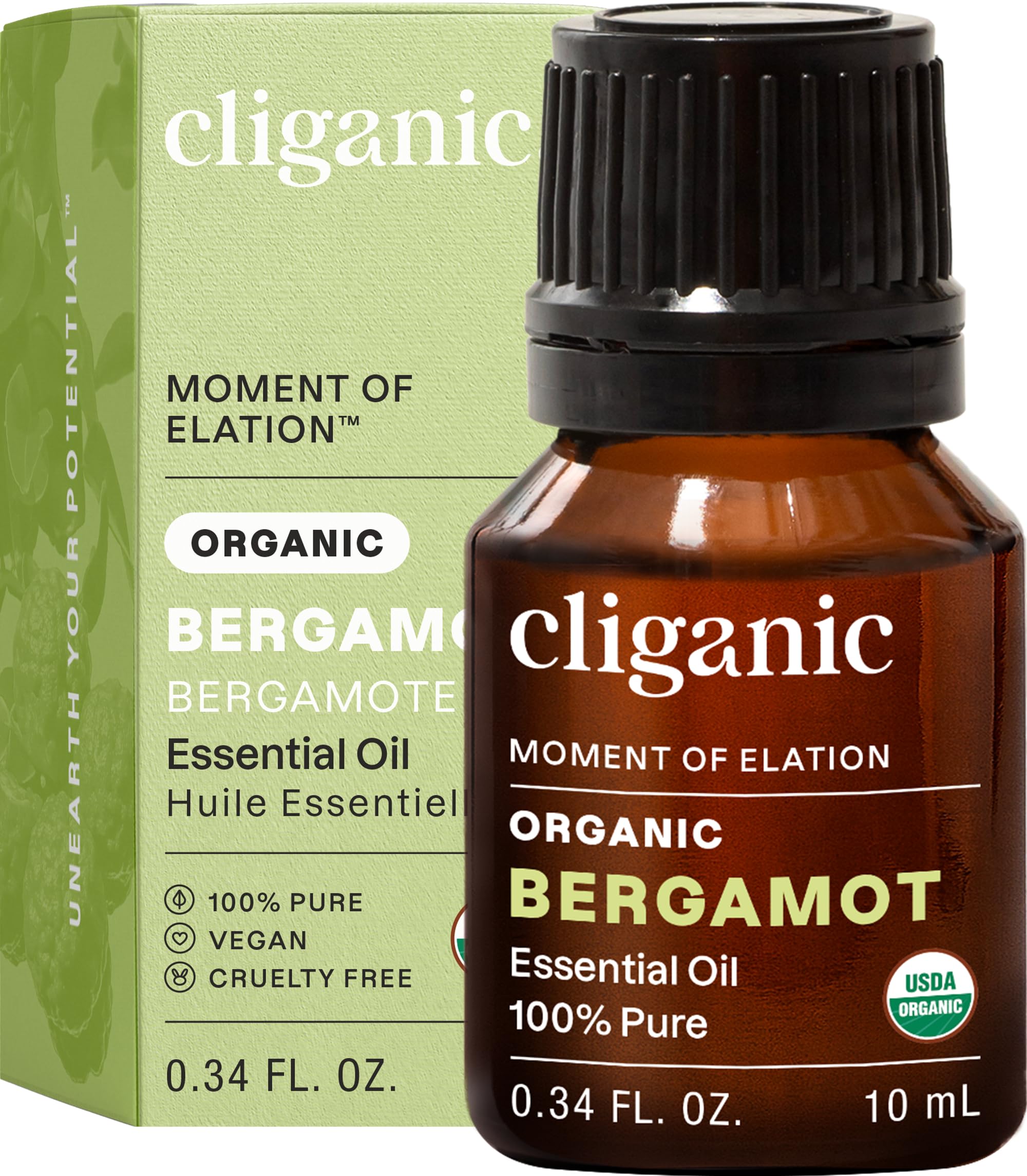 Cliganic frasco frontal de bergamota mostrando diseño y pureza