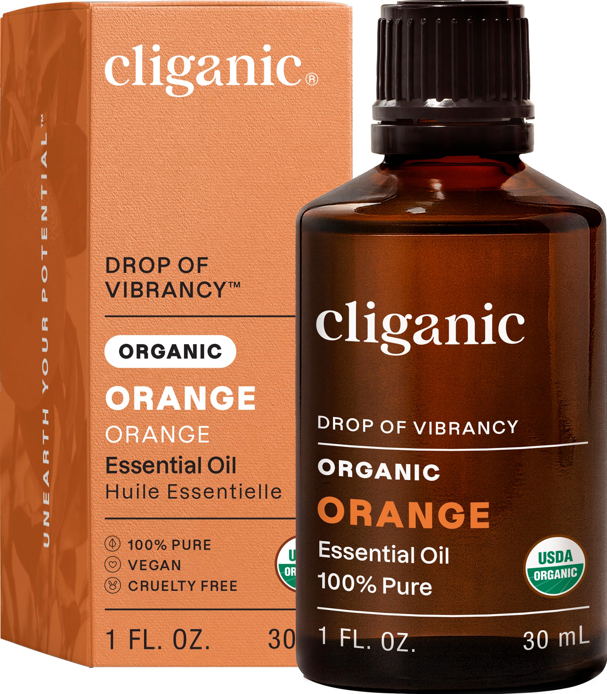 Cliganic botella frontal de aceite de naranja orgánico, aroma fresco