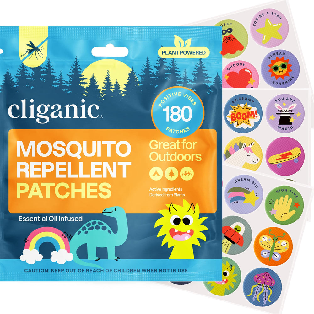 Cliganic empaque frontal mostrando 180 parches y diseño family-friendly