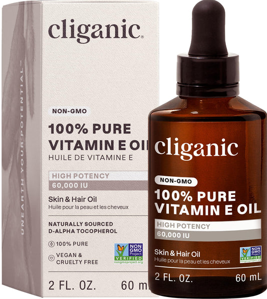 Cliganic envase frontal de vitamina E mostrando pureza y uso diario