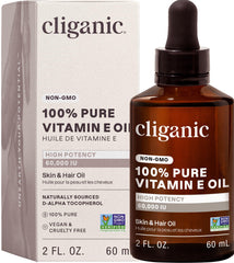 Cliganic envase frontal de vitamina E mostrando pureza y uso diario
