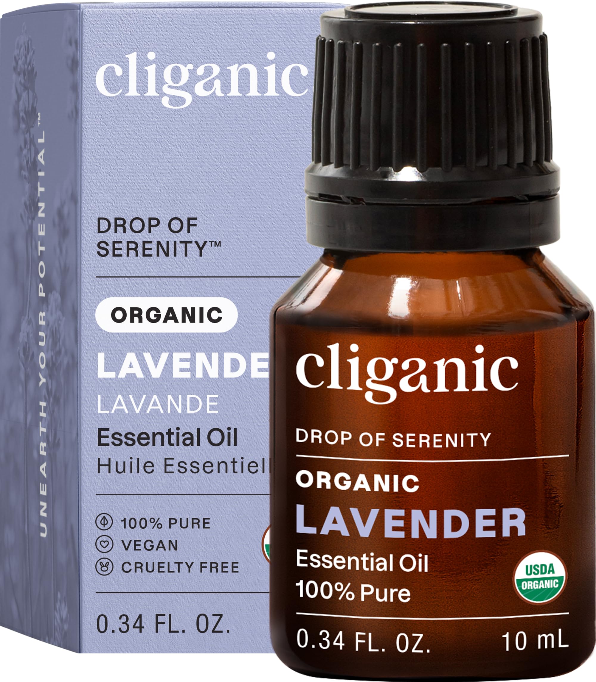 Cliganic botella frontal mostrando aceite orgánico lavanda, confianza en pureza