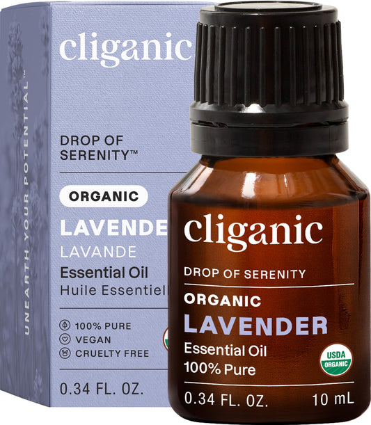 Cliganic botella frontal mostrando aceite orgánico lavanda, confianza en pureza