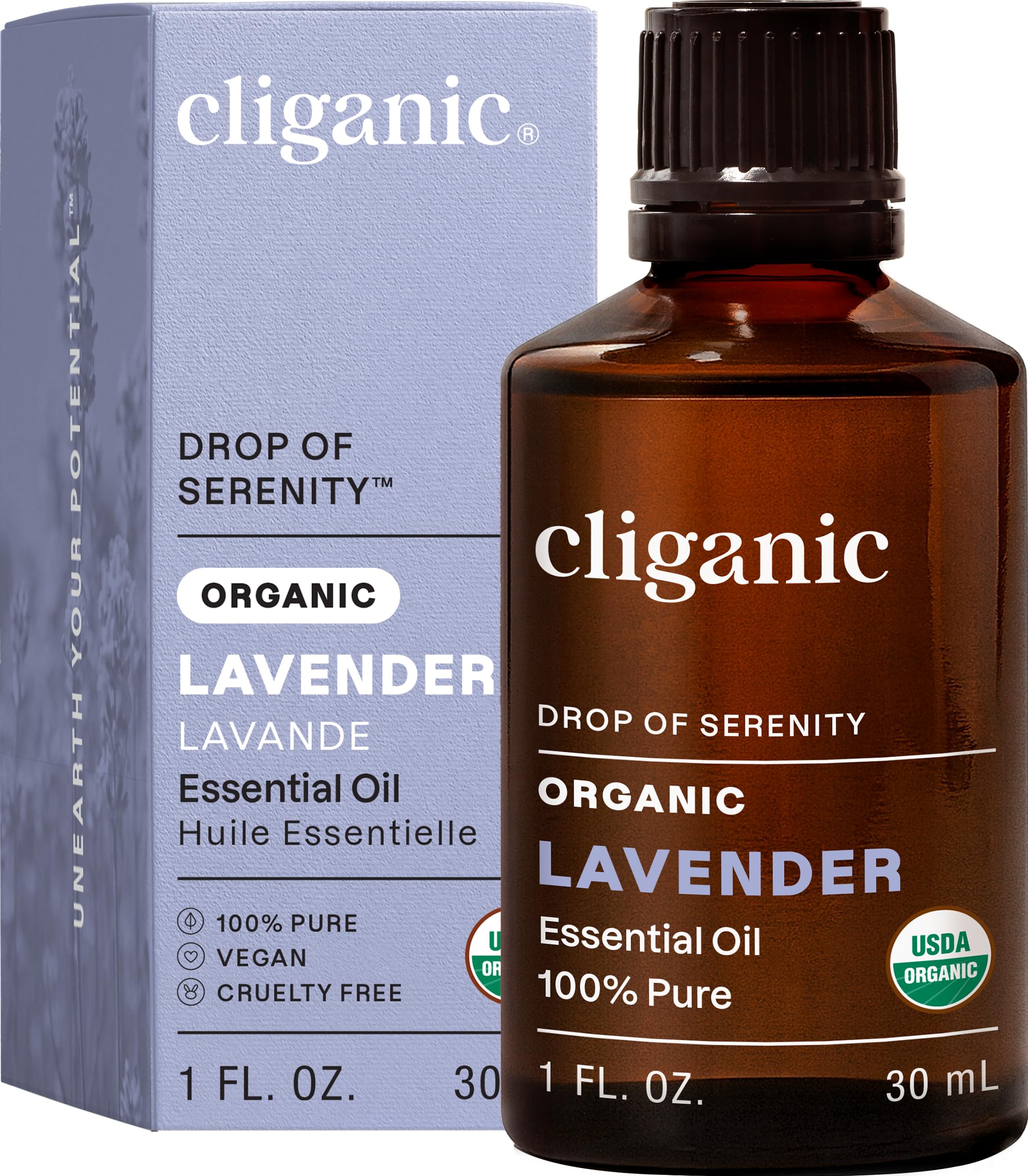 Cliganic frasco frontal de lavanda mostrando etiqueta y volumen, transmite confianza