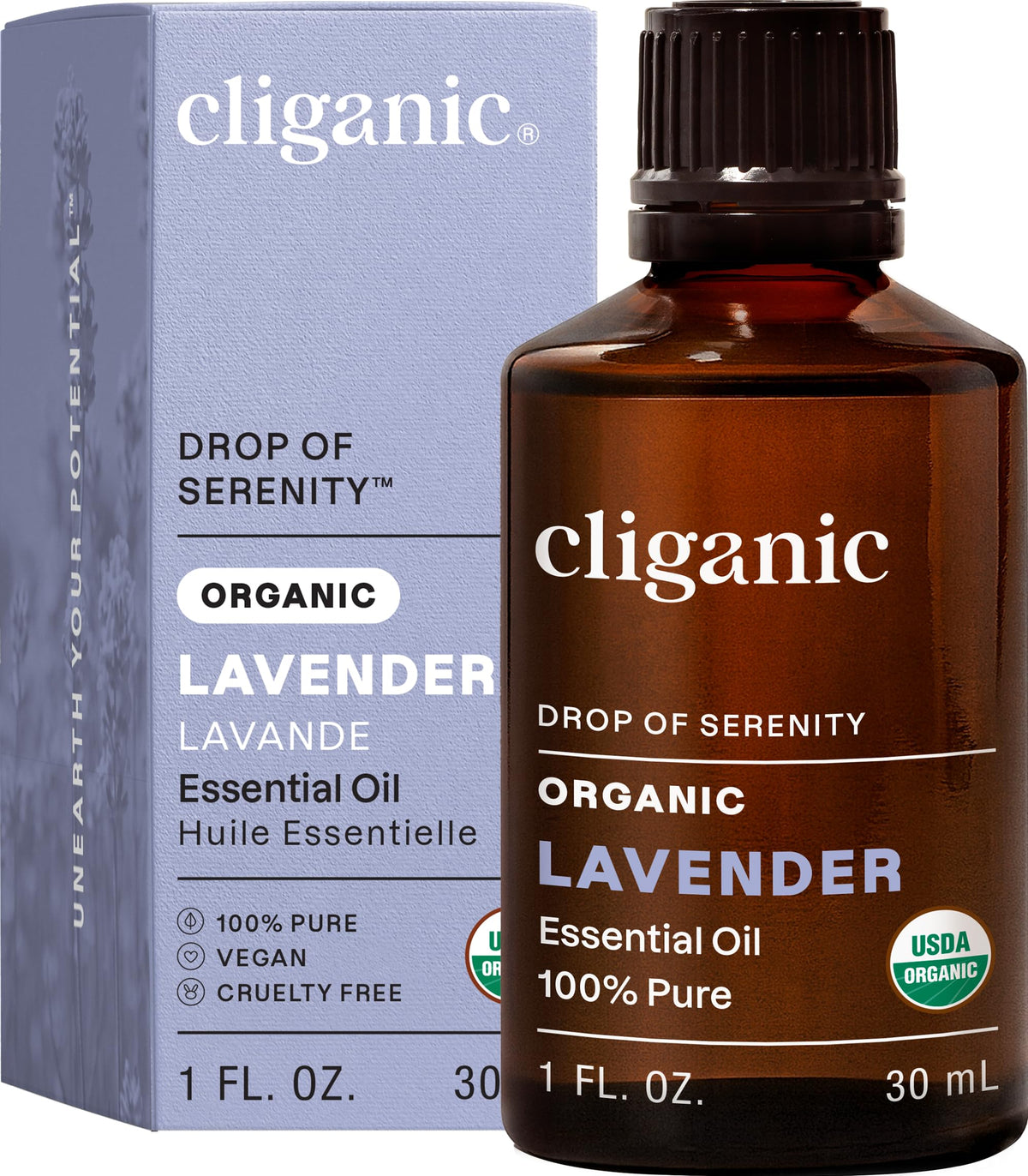 Cliganic frasco frontal de lavanda mostrando etiqueta y volumen, transmite confianza