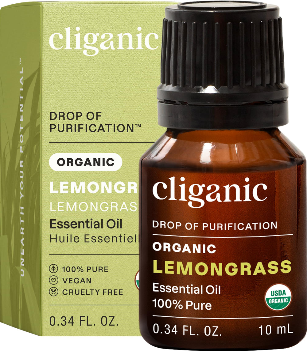 Cliganic botella frontal de lemongrass con certificación orgánica visible y confianza