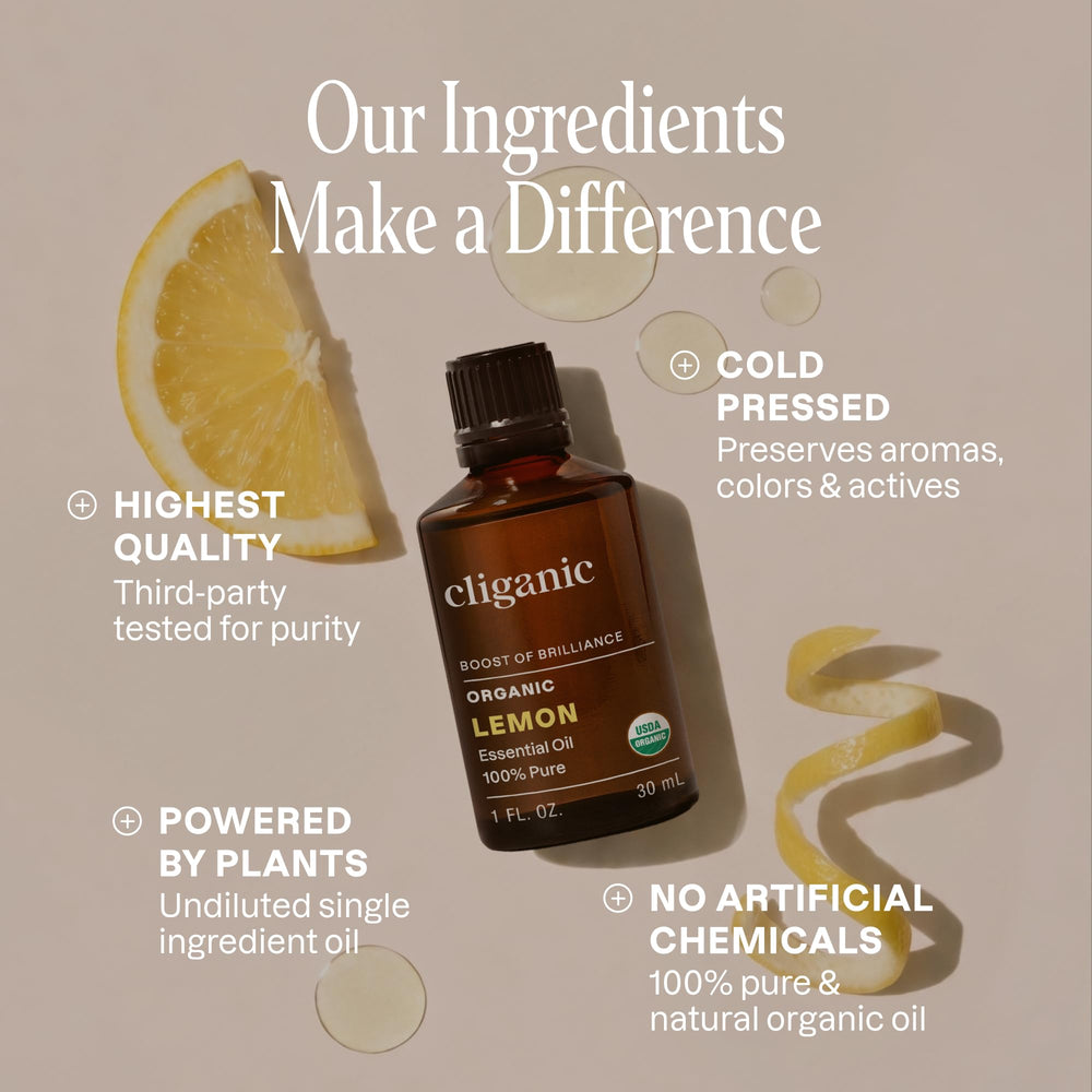 Cliganic aceite limón gota en primer plano resaltando textura