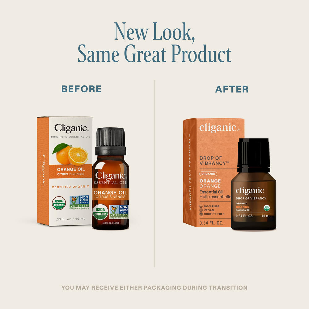 Botella de Cliganic Naranja Dulce lista para verter y usar en difusor.