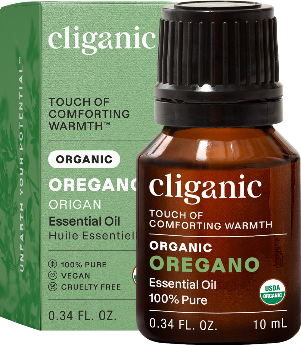 Cliganic aceite esencial de orégano frontal mostrando envase orgánico y claridad