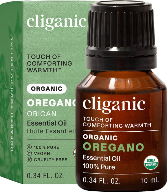 Cliganic aceite esencial de orégano frontal mostrando envase orgánico y claridad