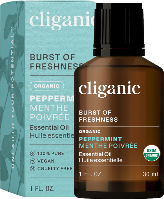 Cliganic Organic Peppermint Essential Oil bottle close-up for aroma diffusion