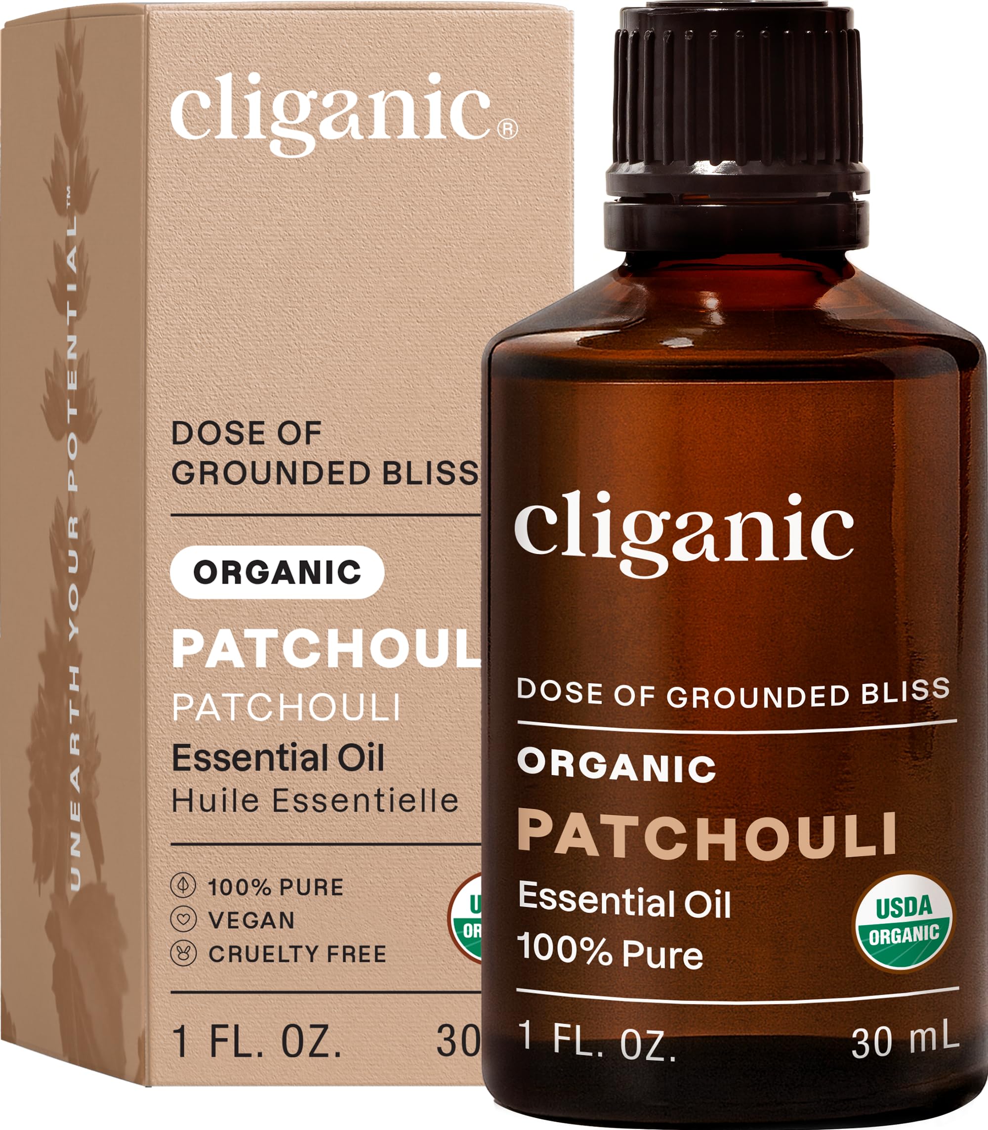 Botella Cliganic pachulí frontal mostrando envase y sello orgánico