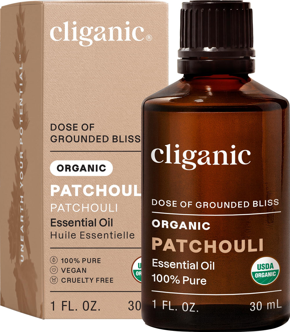 Botella Cliganic pachulí frontal mostrando envase y sello orgánico