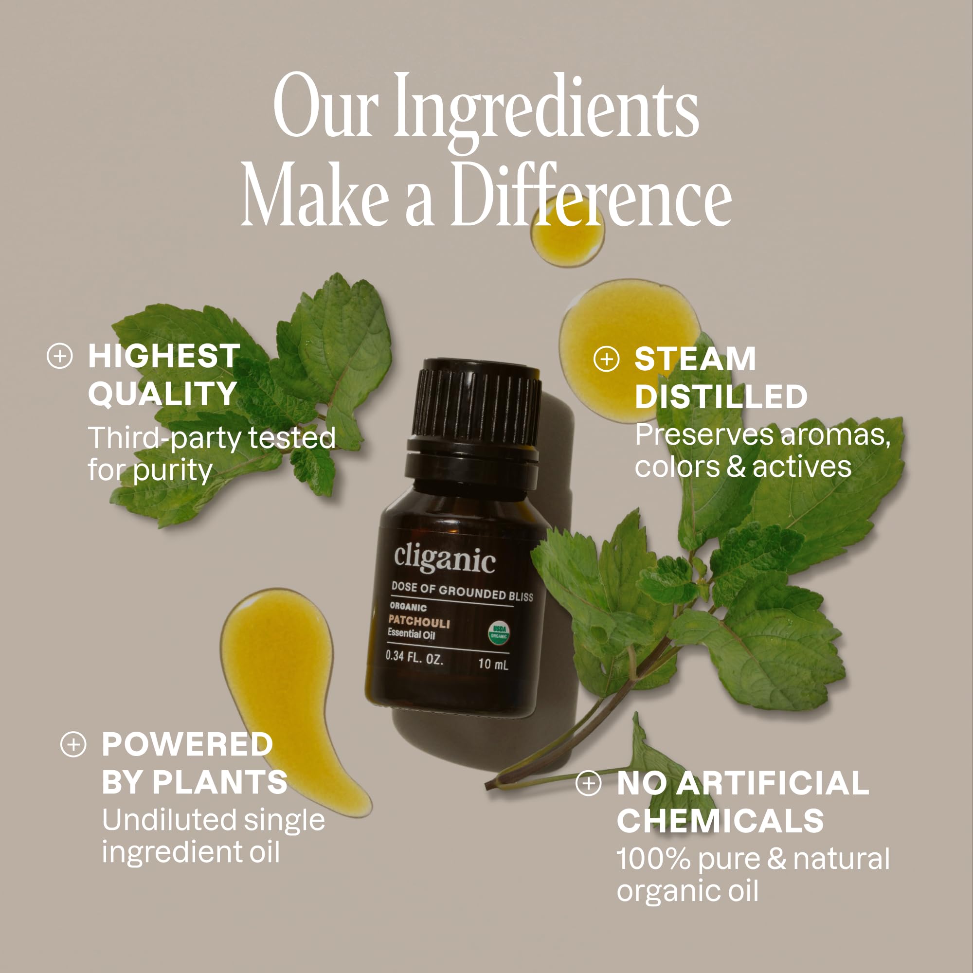 Gota de aceite Cliganic pachulí sobre fondo claro muestra textura