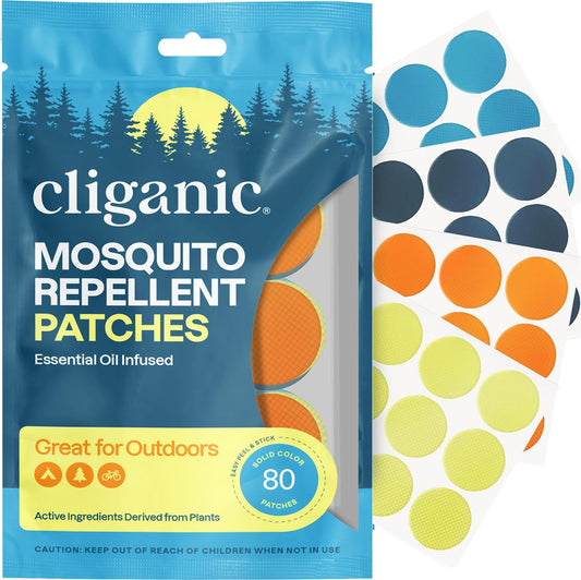 Cliganic empaque frontal mostrando 80 parches, práctico para actividades al aire libre