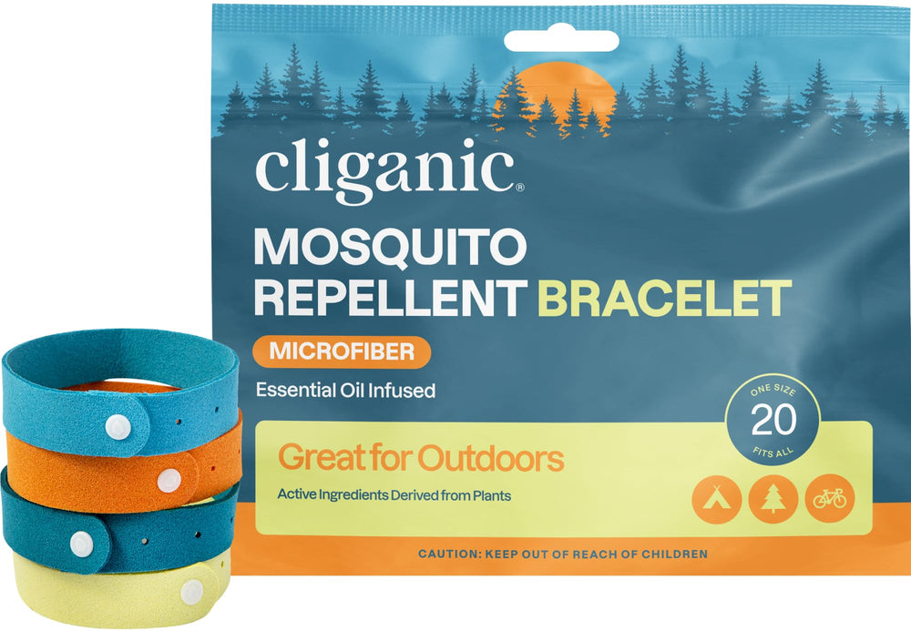 Cliganic empaque frontal mostrando pack de 20 pulseras y ventaja portátil