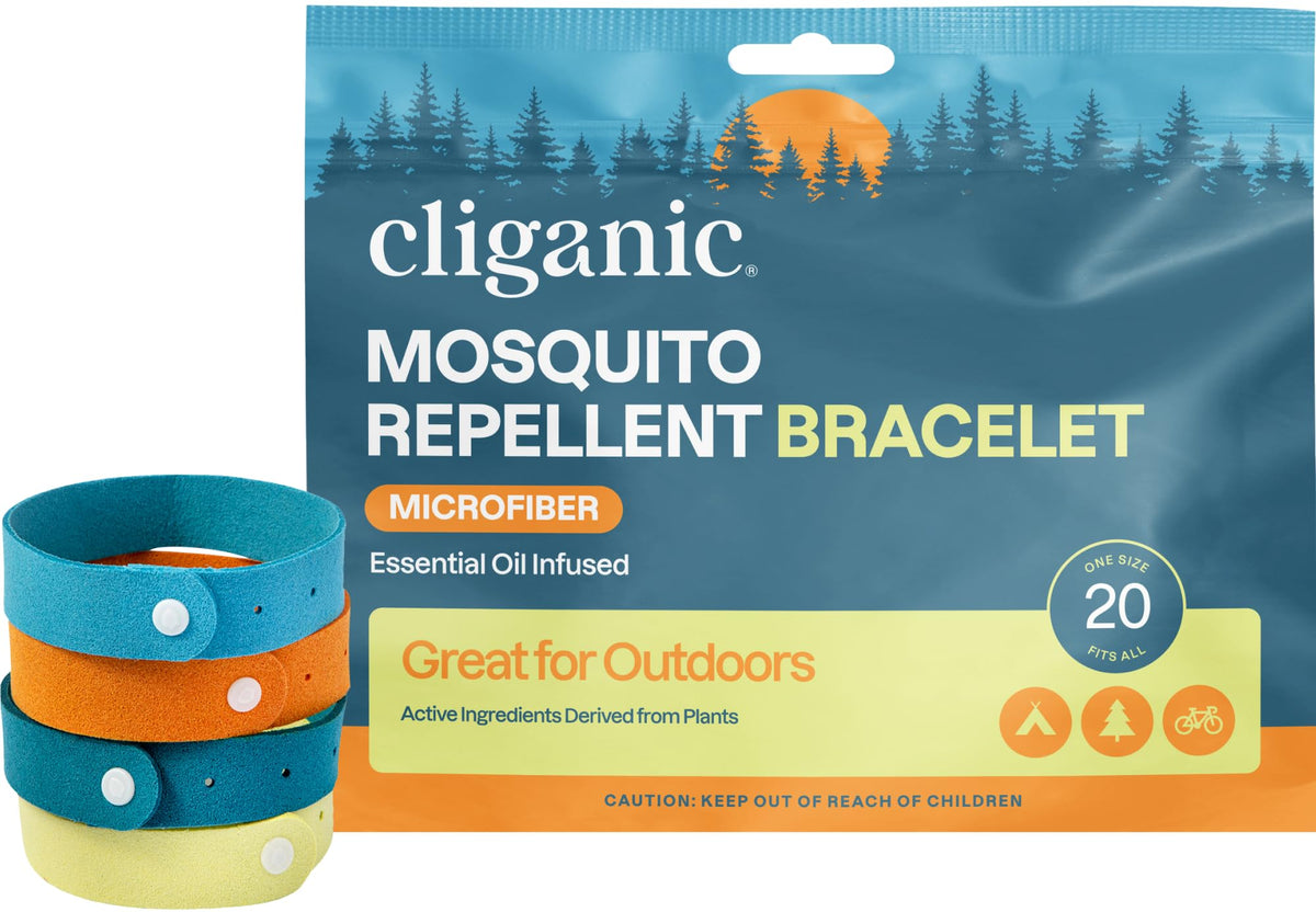 Cliganic empaque frontal mostrando pack de 20 pulseras y ventaja portátil