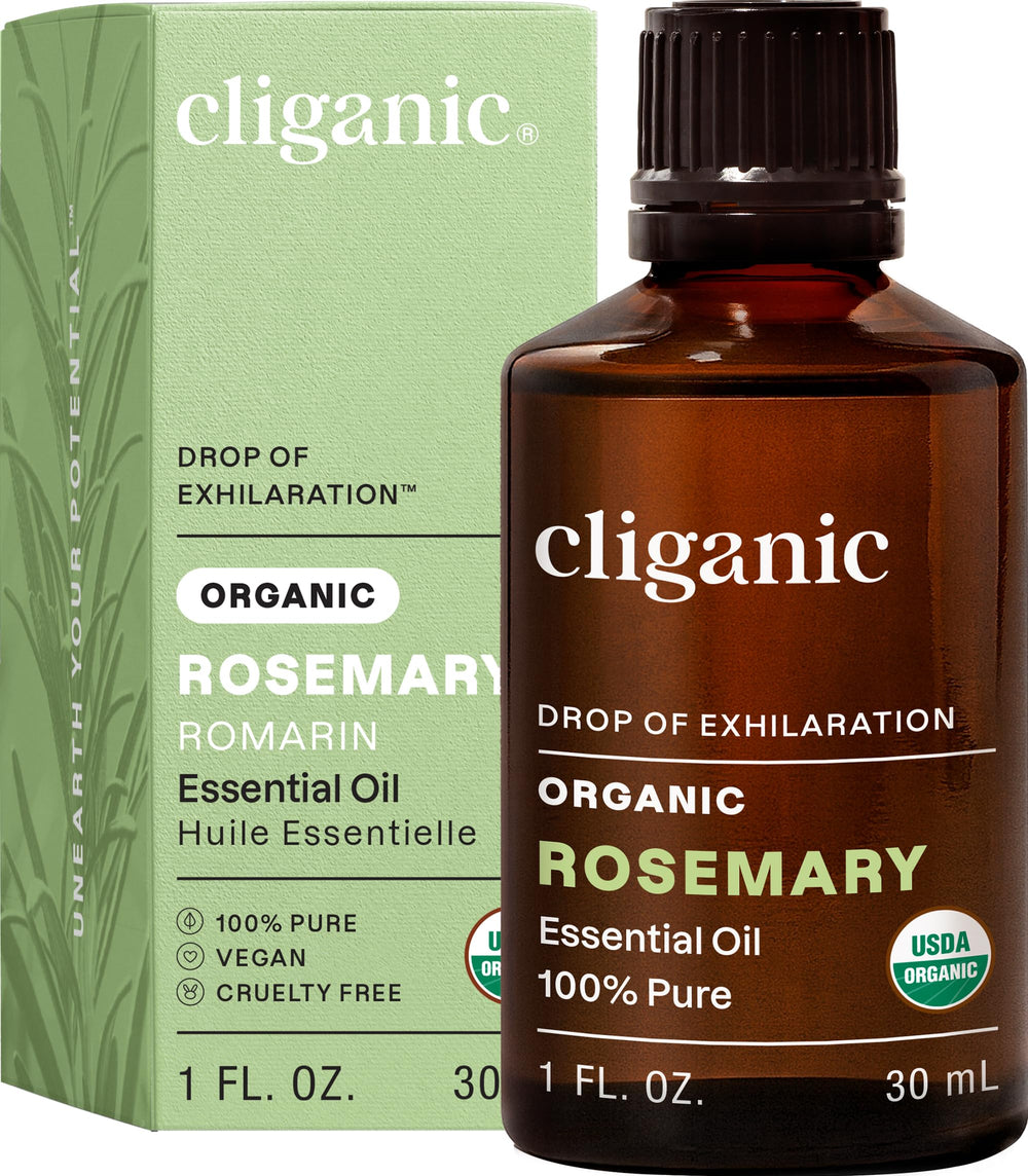 Cliganic aceite esencial romero frontal mostrando el frasco y beneficio de pureza