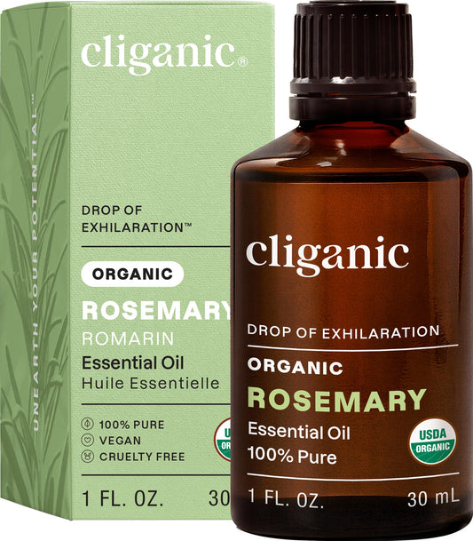 Cliganic aceite esencial romero frontal mostrando el frasco y beneficio de pureza