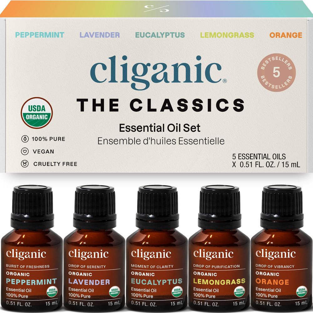 Cliganic set frontal mostrando las cinco botellas y beneficio variedad